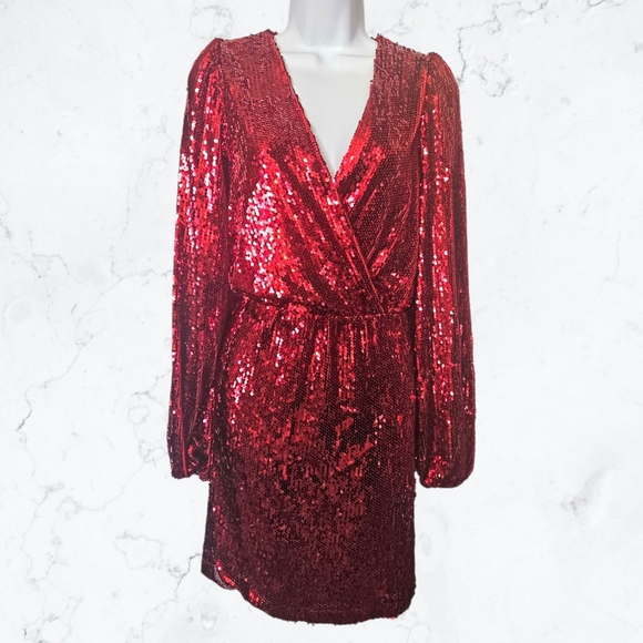 New Nordstrom Wayf Long Sleeve Christmas Red Sequin Cocktail Holiday Dress - Picture 2 of 9